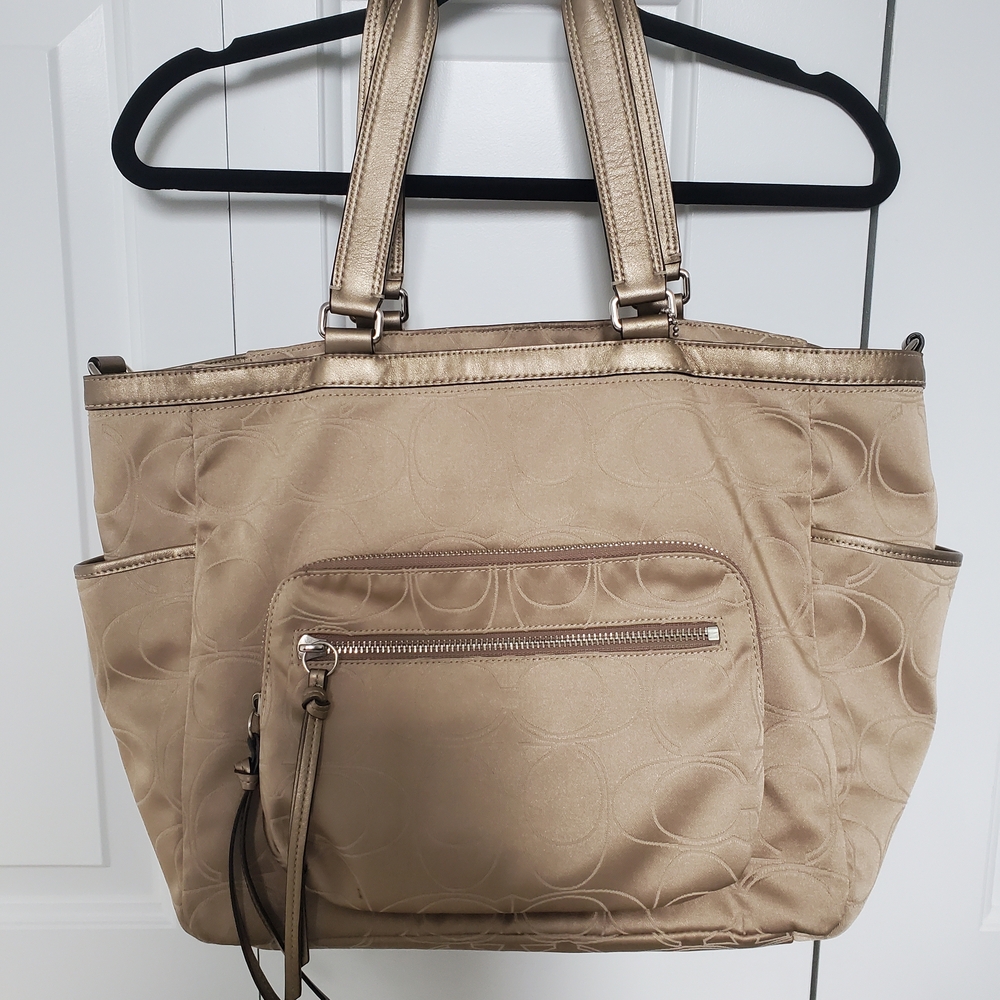 Coach Logo Beige Carry All Tote Bag with Front Pocket